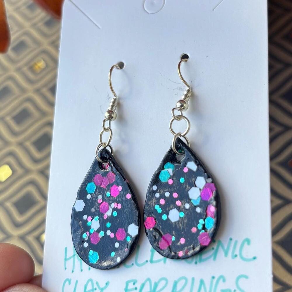 Handmade Black Glitter Teardrop Earrings: Polymer Clay, Hypoallergenic Jewelry